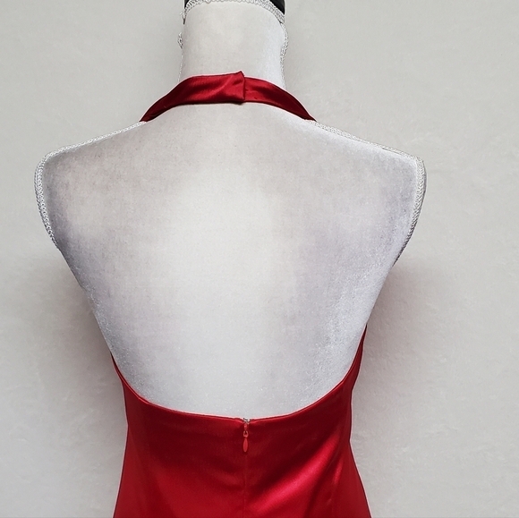 Vintage 90s ABS Evening Red Charmeuse Satin Halter Plunging Neckline Maxi Dress - Picture 13 of 15